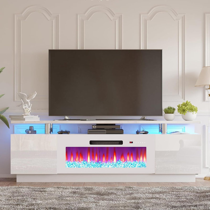 Meuble télé avec foyer blanc - console multimédia moderne à 2 niveaux de 70 po avec foyer électrique de 36 po et lumières DEL pour téléviseur de 80 po ou moins