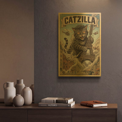 «Catzilla In Paris» par Rich Monet, art mural en métal doré, 12 po x 16 po