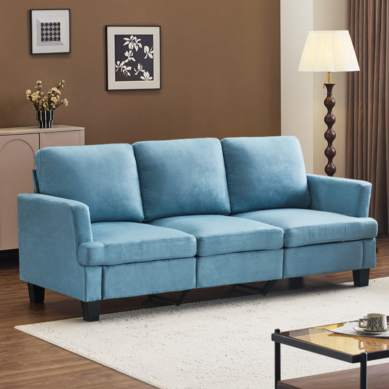 83.5" Upholstered Square Arm Suede Sofa, Blue