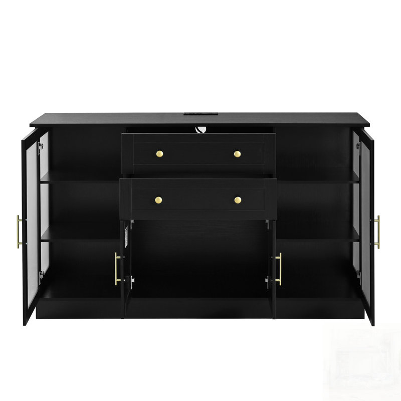 Buffet moderne avec 4 portes, 2 tiroirs, tablettes réglables, prise de courant et panneaux en acrylique pour un rangement polyvalent