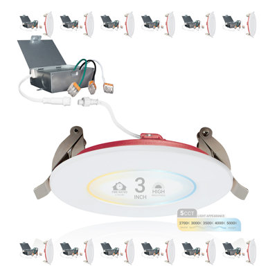 3 in. 2 HOUR Fire Rated Slim Canless LED Recessed Light 8W 5CCT 27K-50K Dimmable IC Rated 12PK