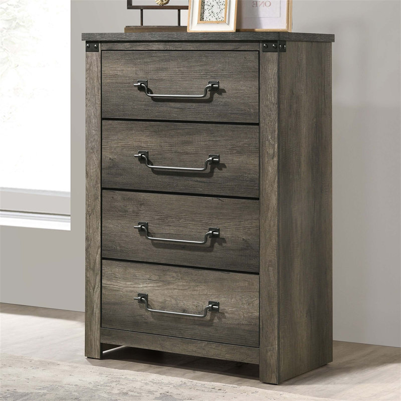 Commode simple rustique de style campagnard avec quatre tiroirs, glissières en métal au centre pour un fonctionnement en douceur et amplement d'espace de rangement.