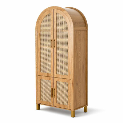 Armoire de rangement arquée de 71 pouces de hauteur avec portes en rotin et tablettes réglables, armoire autoportante multifonctionnelle 4 portes de style campagne moderne avec supports intégrés pour la cuisine, la salle à manger, le salon, le bureau, le bureau à domicile et le vestibule