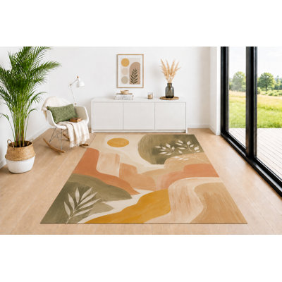 "Ultra Lightweight" 5'x7' Minimalist Area Rug, Organic Arch Leaf Design in Sage Green Mustard Terracotta Beige Earth Tone Colors, Floor Carpet for Living Room Bedroom Office Decor