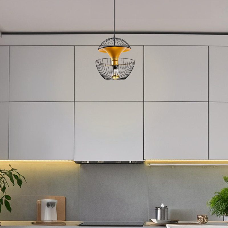 Luminaire suspendu simple en métal à hauteur réglable avec capuchon en métal, Noir