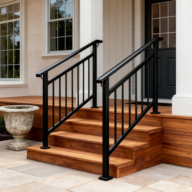 Rampe d'escalier d'extérieur robuste pour 3-4 marches, rampe de sécurité en fer forgé avec balustres et trousse d'installation pour escaliers en béton et en bois