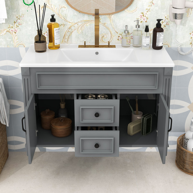 Meuble-lavabo mural avec lavabo en céramique, rangement spacieux et charnières à fermeture douce, Black