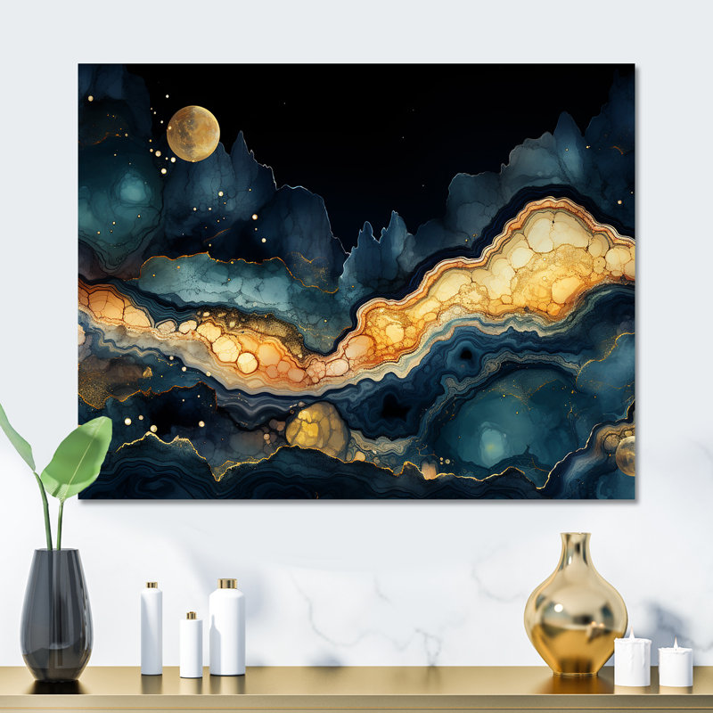 Marée dorée et bleue - art mural géométrique en métal MT137501, H 16 po x l 32 po x P 1 po