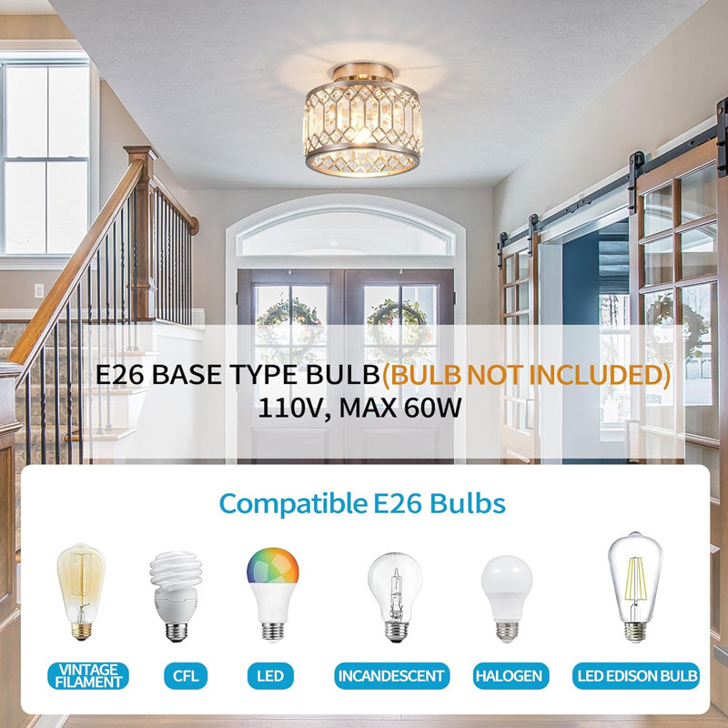 Crystal Ceiling Light Fixture Modern Semi Flush Mount Ceiling Light Crystal Chandelier Nickel Finish (Bulb Not Included)