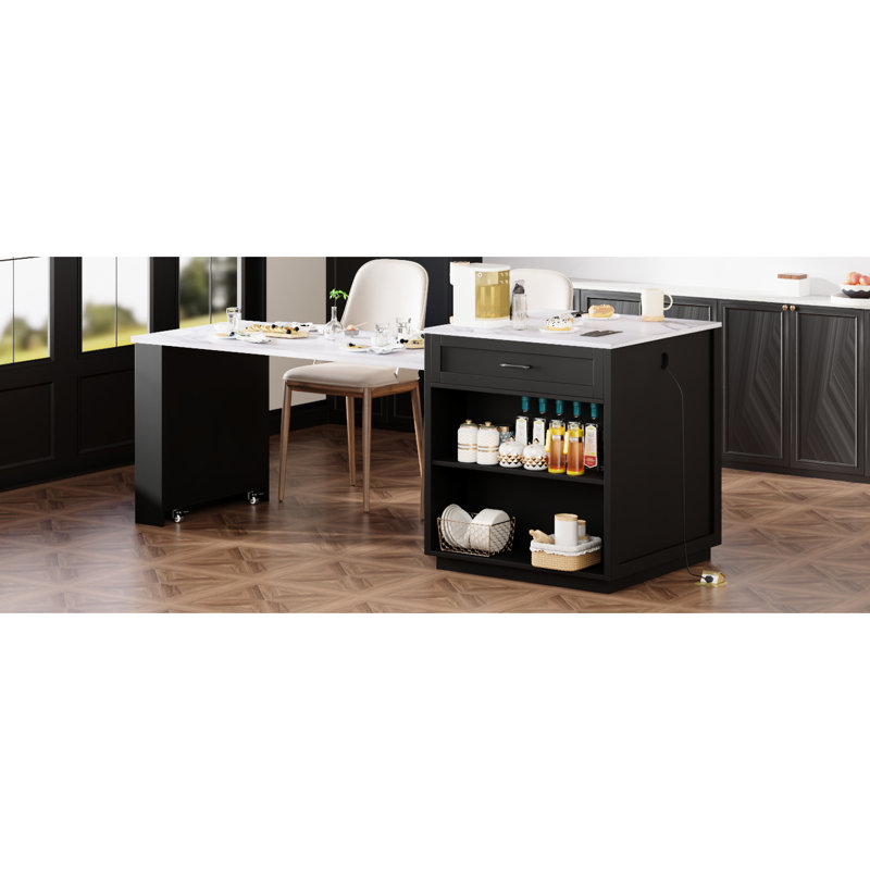 Îlot de cuisine extensible avec table à manger pour 4 à 6 personnes, comptoir en faux marbre noir, 2 tiroirs, prise électrique, base réglable 4-6, armoire imitation bois, étagères latérales, 1 port, prises secteur réglables