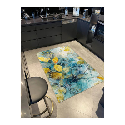 Ice Blue And Yellow Themed Floral Decorative Washable Rug