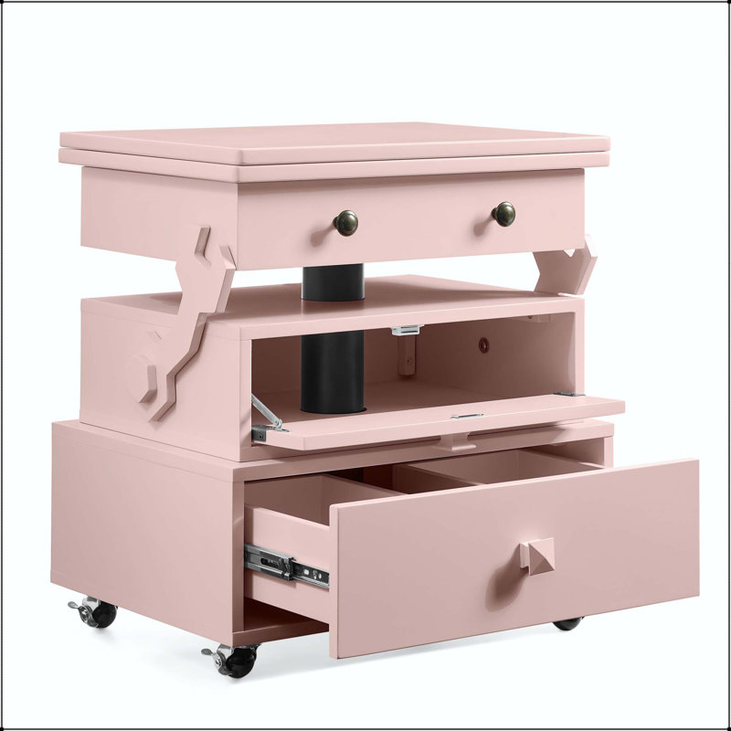 Table de bout roulante à hauteur réglable - Plateau rabattable avec station de charge et rangement, Pink
