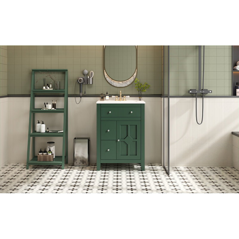 Meuble-lavabo de salle de bain avec lavabo, 2 tiroirs et porte à fermeture douce, Vert