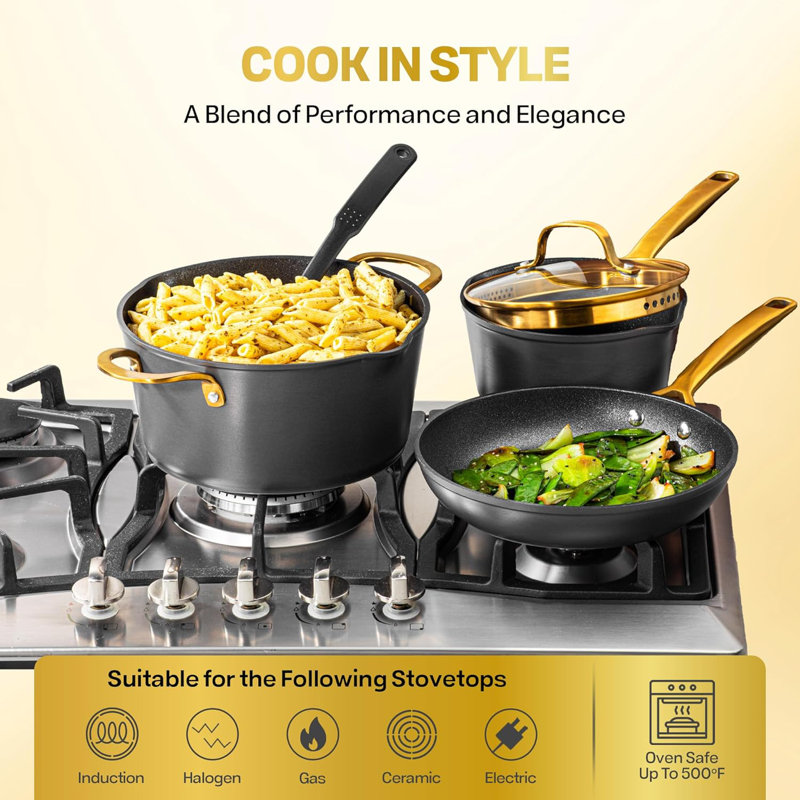 Granitestone Armour Max Gold 14 Piece Nonstick Hard Anodized Cookware Set With Utensils