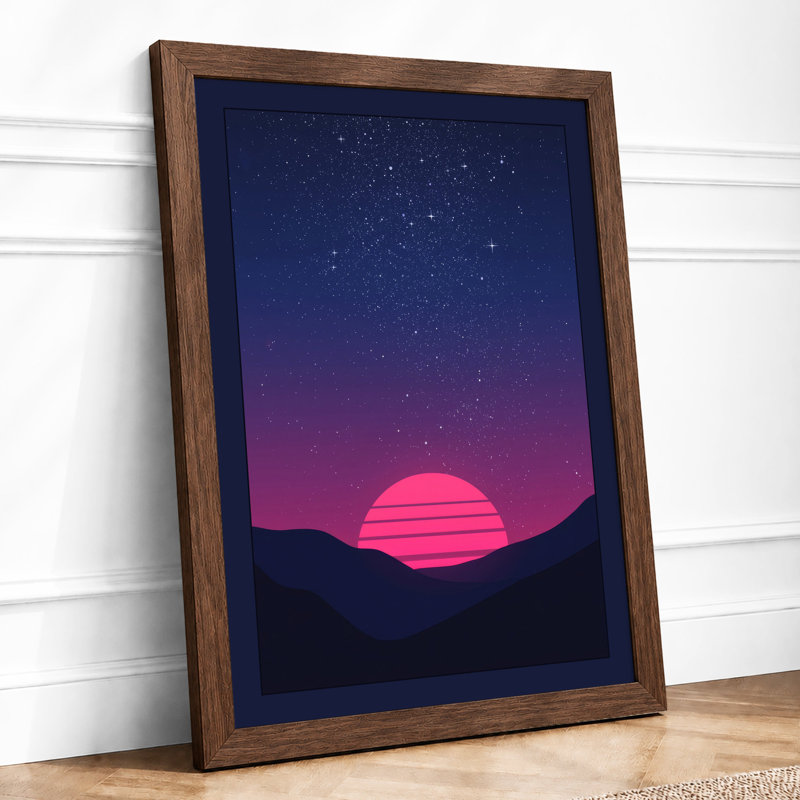 Sunset Over Mountains Retro - Framed Print, Walnut, A3 - 42.0 x 29.7 cm