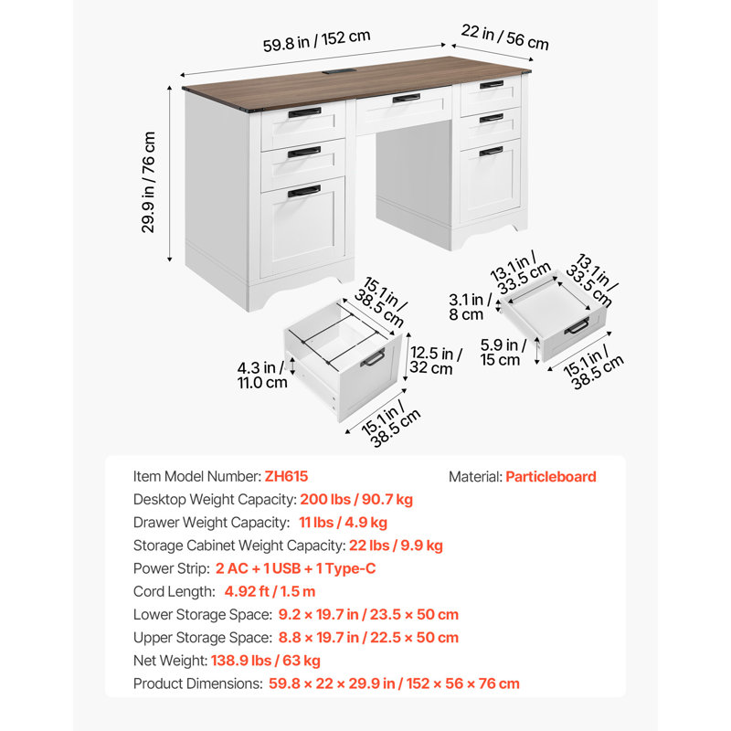 Executive Desk, Farmhouse Office Table with Charging Station, Heavy Duty Particle Board Executive Table with Storage Drawers, 200 LBS Load Capacity, Easy Assembly, for Work Study Writing, Walnut