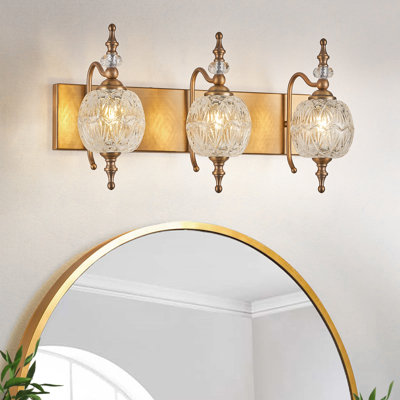 3 Lights Bathroom Wall Sconce Lighting Matte Brushed Antique Brass Finish With Crystal Glass Shade