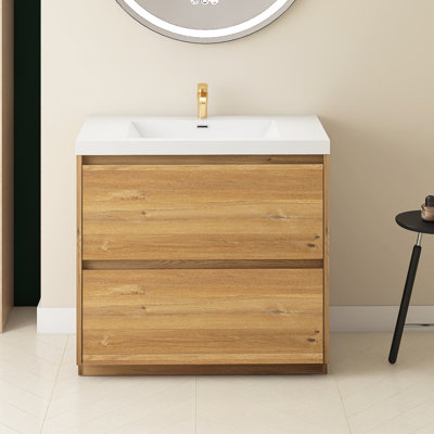 35 po L 20 po x H 33 po, meuble-lavabo autoportant en chêne naturel avec plateau en résine blanche