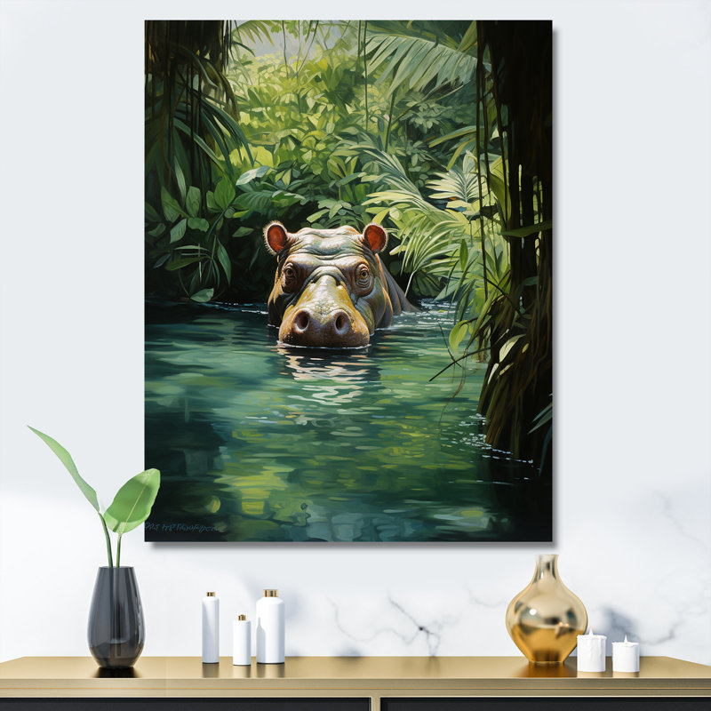 «Hippo Secret Hideaway 1 - Hippopotamus», art mural, Toile tendue, H 44 po x l 34 po x P 1,5 po