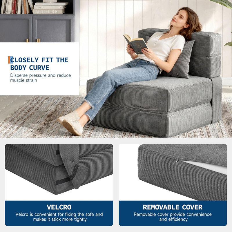 Canapé-lit et chaise-lit pliant Boneless 4-en-1, causeuse convertible avec coussin, sol gris foncé