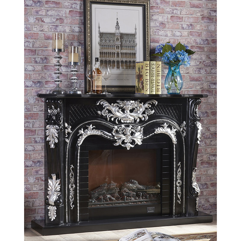 Foyer électrique décoratif en bois massif sculpté de style européen avec feu simulé, Noir