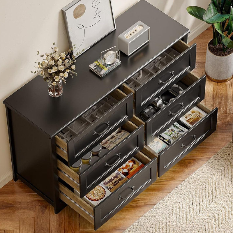 Migneco 47.2-inch wide 6-drawer double dressers with metal handles，storage cabinet, Black