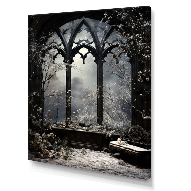 «Midnight Gothic Winter Window View III - Winter Landscape», art mural, Toile tendue, H 60 po x l 40 po x P 1,5 po