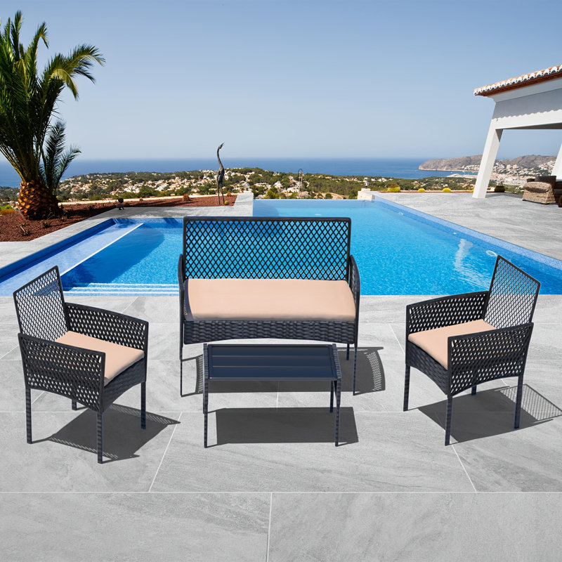4 Piece Patio Furniture Set, Outdoor Chairs Conversation Sets With Cushions And Coffee Table For Porch Garden Poolside Backyard