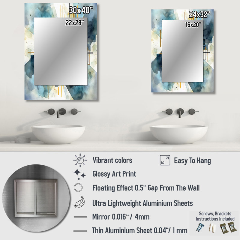 Gold Blue Abstracted Realities - Abstract Shapes Large Wall Mirror, Modern Unique Mirror, Printed Metal Art, 32" x 24"