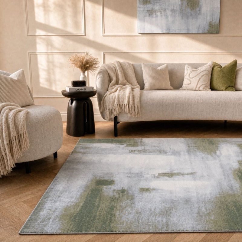 Elaris Collection Rectangle Abstract Area Rug, Green/Light Grey, 160X230 cm