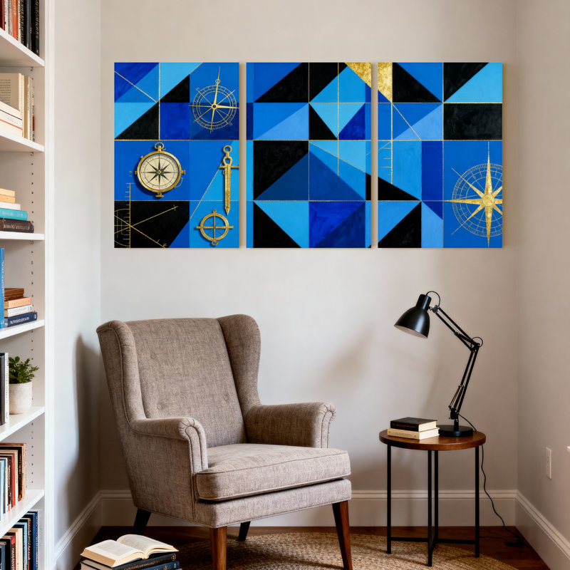 Ensemble de 3 estampes géométriques triangulaires bleues boussole et outils dorés, H 18 po x l 36 po