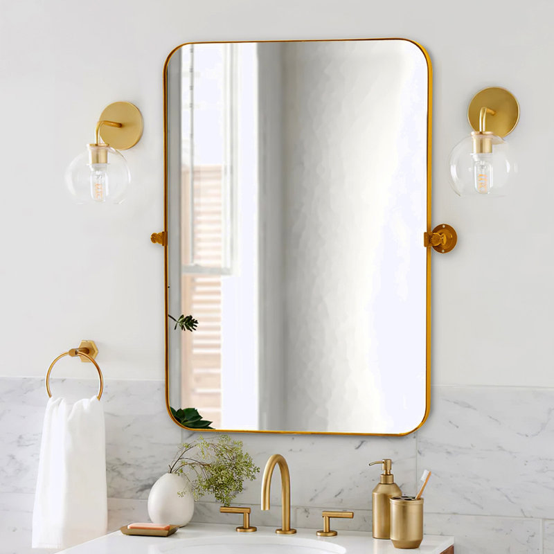 Iron Rounded Rectangular Rotating Hardware Wall Mirror, Gold, 36" x 24"