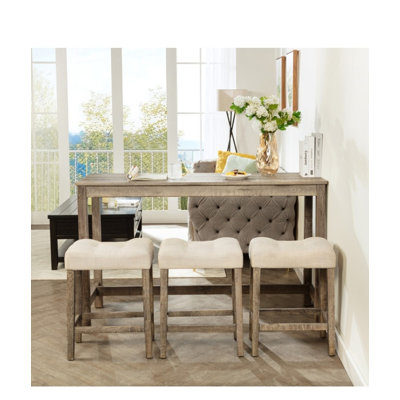 Long Counter Height Dining Bar Table & 3 Stools Set—Built-in Power Strip, Padded Seats, Space-Saving for Kitchen/Living/Game Room by Brayden Studio