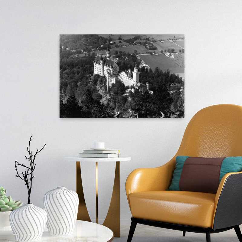 Années 30, années 40, art mural de l'architecture de la faune rétro classique de Neuschwanstein, 16" H x 24" W