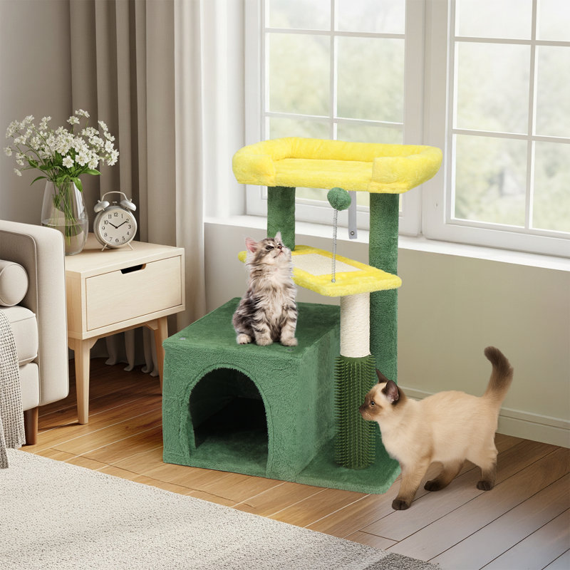 27.5 Green Multi-Level Cat Tower With Cat Scratching Post And Pad, Yellow/Green