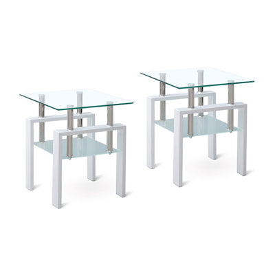 2 pieces White Tempered Clear Glass End Table, 2-Layers Small Table with Storage, Living Room Side Table