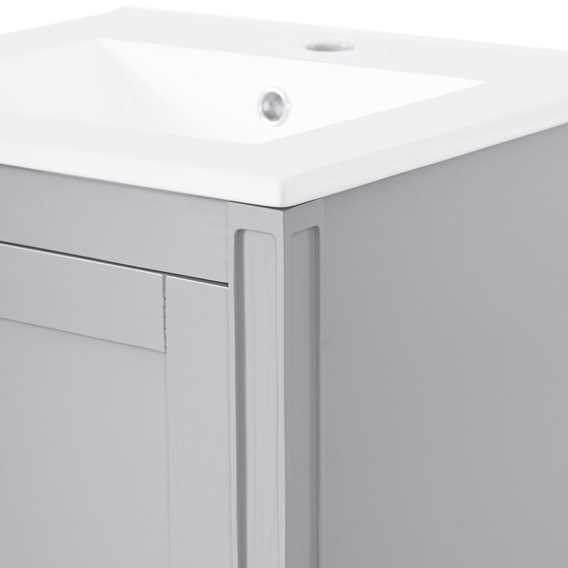 Meuble-lavabo moderne de 20 po avec finition grise, lavabo en céramique, fonction de fermeture en douceur, tablette réglable en U et poignées de rangement en alliage de zinc pour porte, portes pour petite baignoire compacte