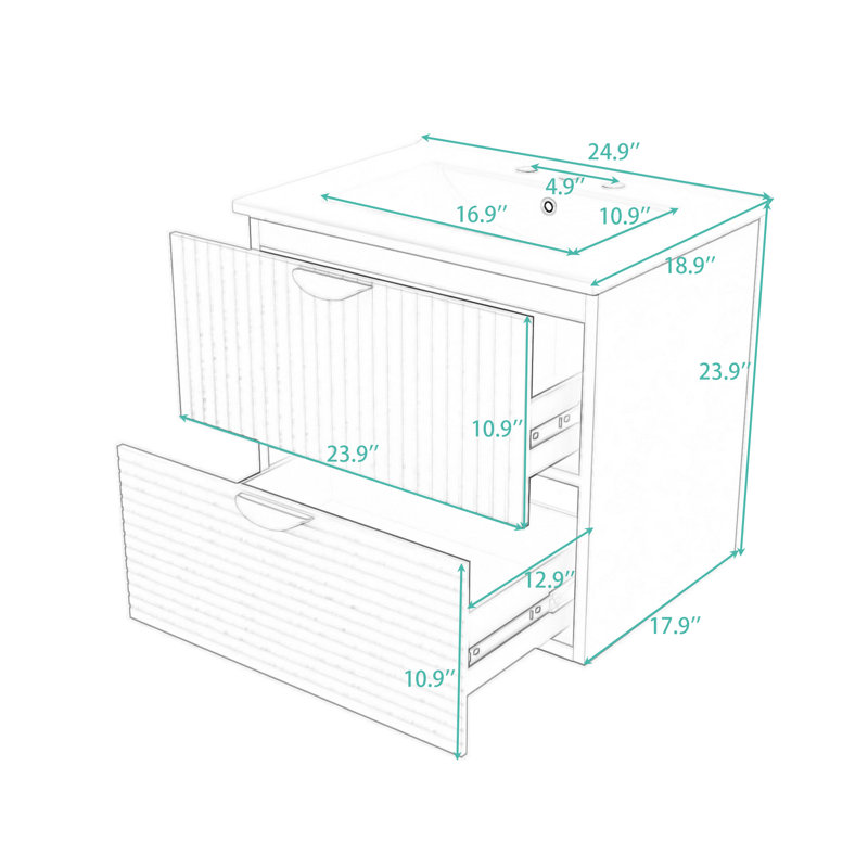 Meuble-lavabo mural 24 po avec 2 tiroirs, Blanc