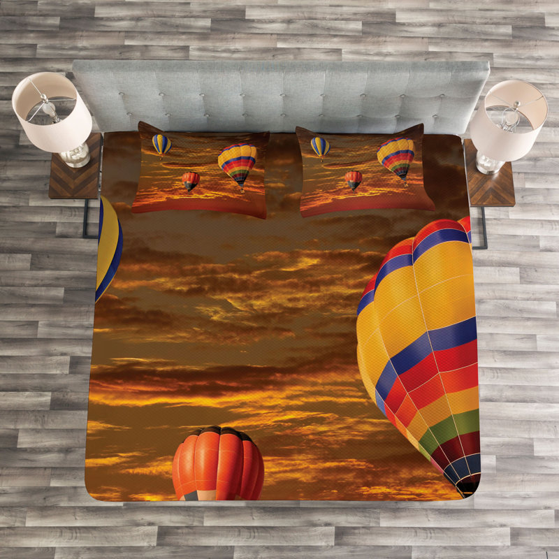 Skyscape Photo at Cloudy Sunset Time with Colourful Hot Air Vehicles Bedspread Set, 220 x 264 cm