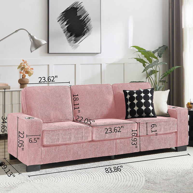 83.86 Corduroy Fabric Sofa, Modern 3-Seater Couch With Built-In Cup Holders, Durable And Pet-Friendly, Pink