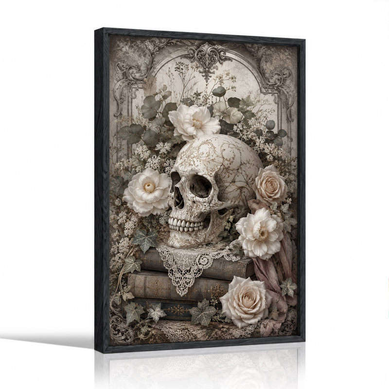 Crâne en filigrane doré avec roses blanches et dentelle - Toile murale d'Halloween, H 36 po x l 24 po