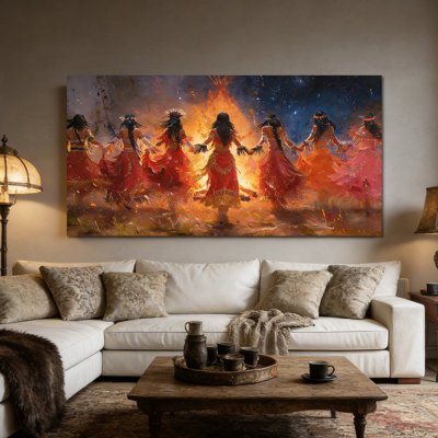 Large Native American Canvas Wall Art, Indian Art Painting, Figures Dancing Around Fire, Storytelling Heritage Canvas Prints, Ready to Hang Native American Decor for Living Room Bedroom Office, 28×58 Inches