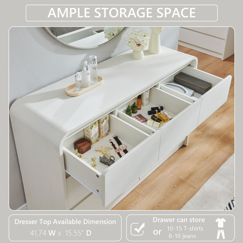Maud Modern 7 Drawers Dresser for Bedroom, 47" Wide Wood Dressers & Chests of Drawers w/Curved Profile Design, White