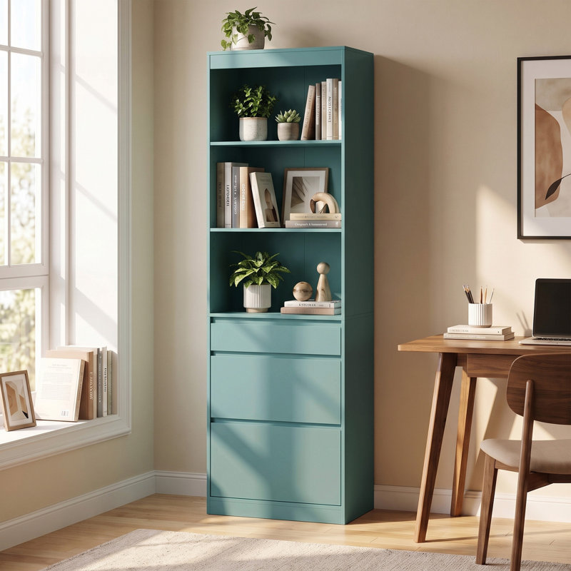 Bookcase with Drawers Narrow Storage Adjustable Shelves Light Green