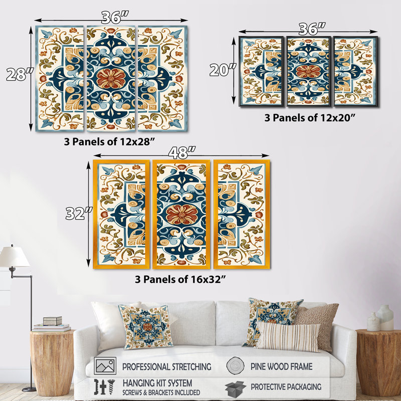 Carreaux de la Méditerranée en bleu rétro - impression sur toile 3 pièces, H 32 po x l 48 po x P 1 po, Toile tendue