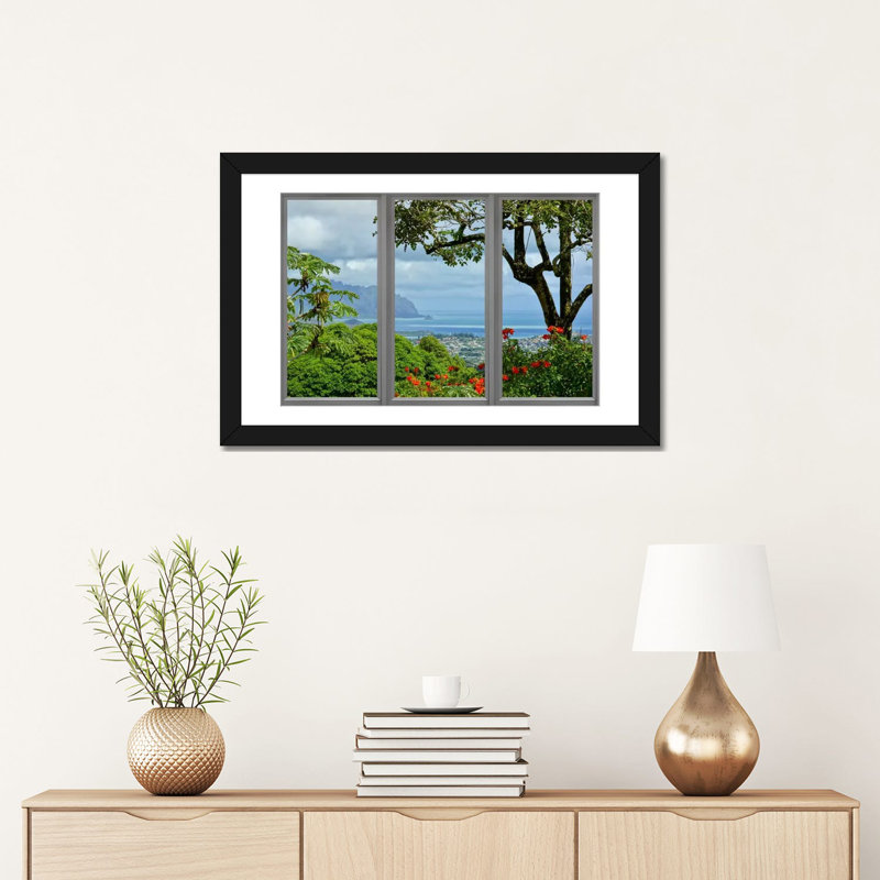 Vue de fenêtre d'Hawaï, reproduction de photo sur toile tendue, Papier d'art encadré noir, Blanc, H 16 po x l 24 po x P 1 po