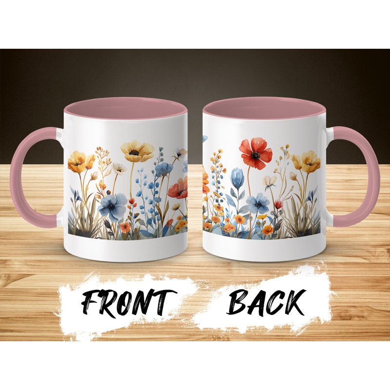 Set of 3 Watercolour Floral 11oz Accent Mugs, Ceramic Coffee Cups with a Pink Handle & Interior