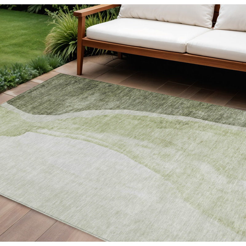 Tapis extérieur lavable abstrait vert olive et beige 10 pi x 14 pi