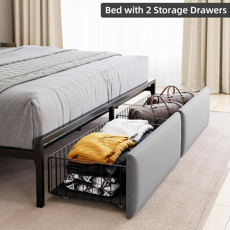 Axyl Bed Frame with 2 Storage Drawers, LED Bed Frame with 2-Tier Storage Headboard&Charging Station, Metal Platform Bed Frame, No Box Spring Needed