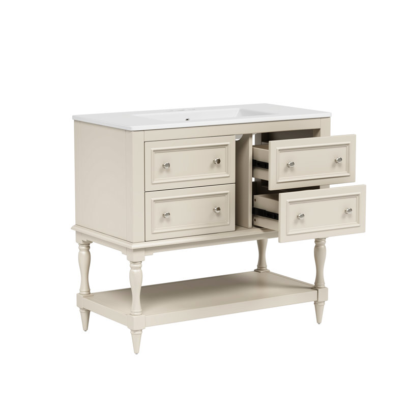 Lavabo de salle de bain - 36 po. Beige. Unité de rangement en bois massif et 4 tiroirs. Lavabo en céramique. Armoire moderne